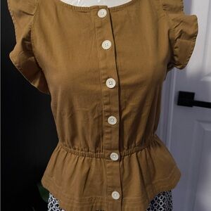 Chic Button-Front Peplum Blouse in Tan